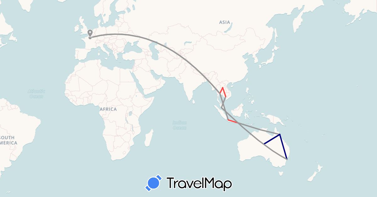 TravelMap itinerary: driving, plane, hiking in Australia, France, Indonesia, Cambodia, Laos, Malaysia, Thailand (Asia, Europe, Oceania)